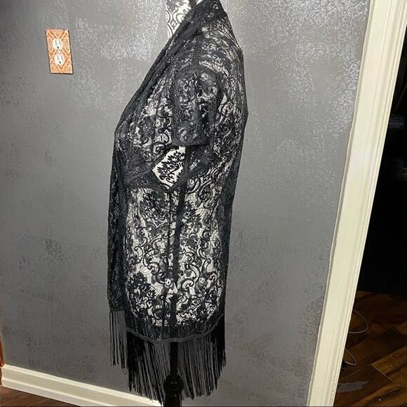 QED London ASOS Black Sheer Lace Kimono Fringe Coverup Size Small NWT - Picture 8 of 10